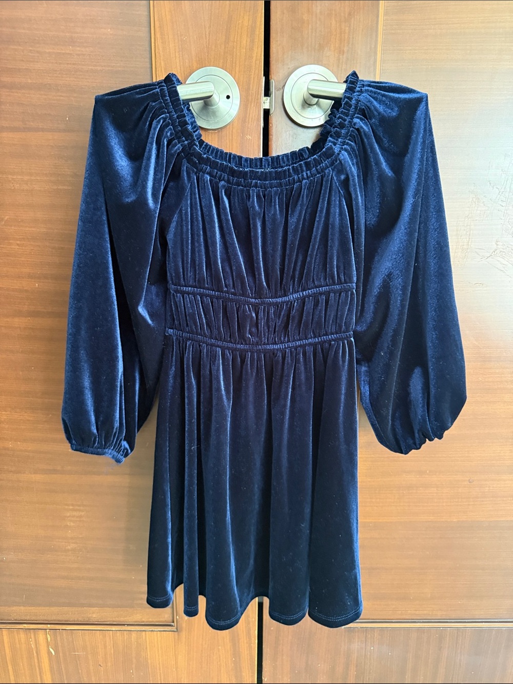 Kids Navy Blue Velvet Off-Shoulder Top